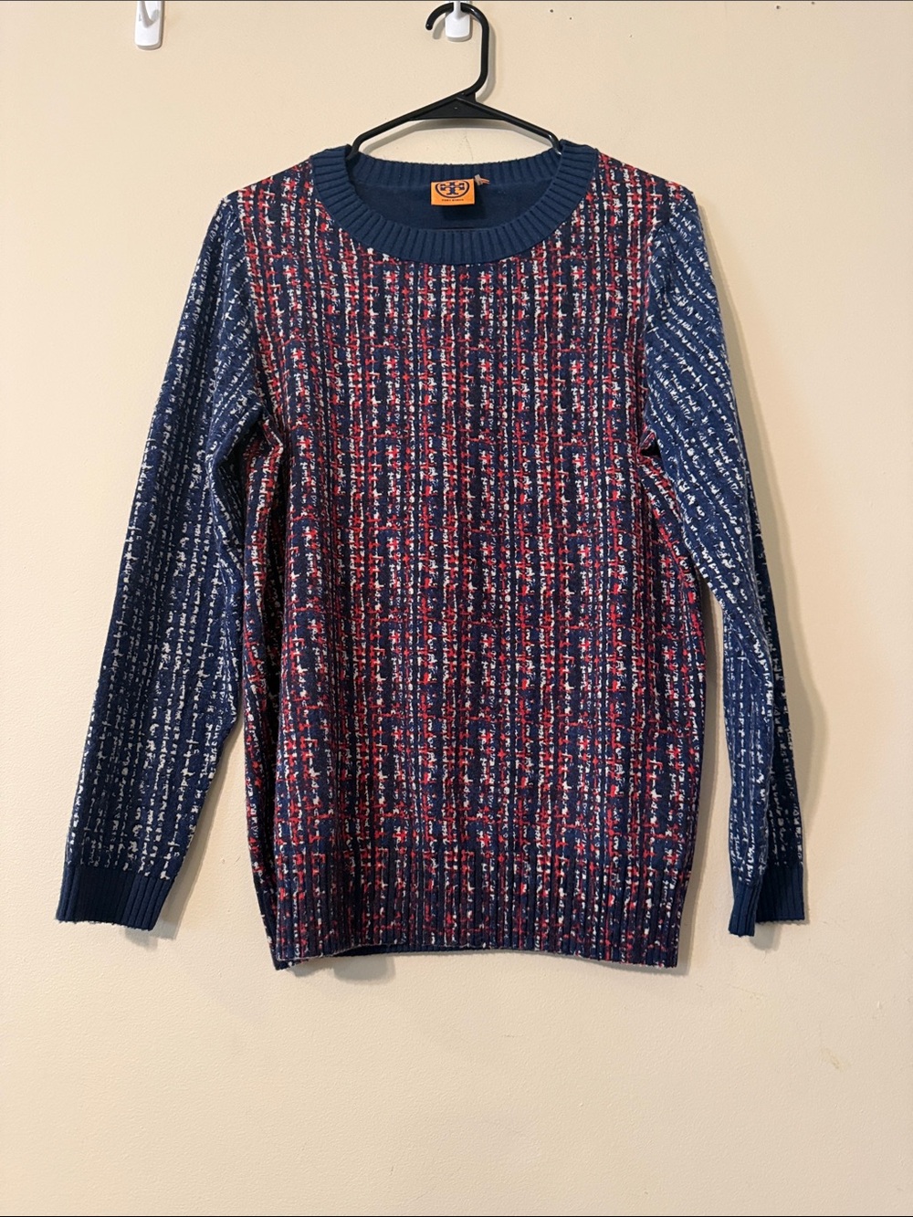 Tory Burch Navy and Red Textured Crewneck Sweater